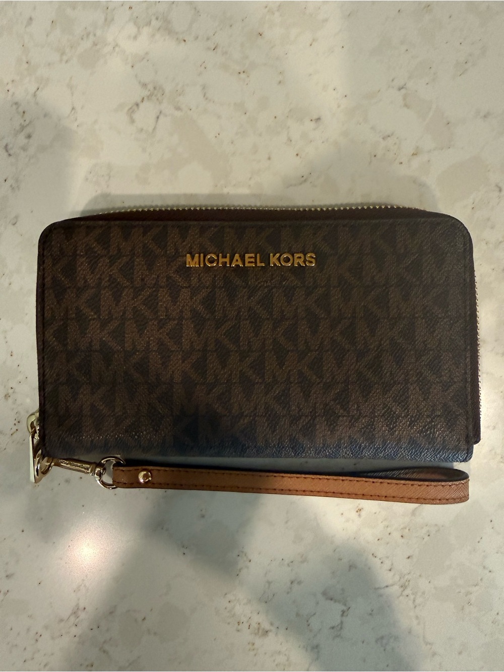 Michael Kors Brown and Gold MK Logo Zip-Around Wristlet
